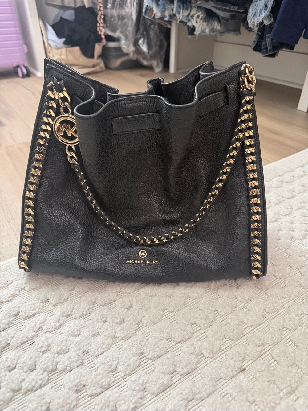 Michael Kors Black Pebbled Leather Shoulder Bag with Gold Chain Trim